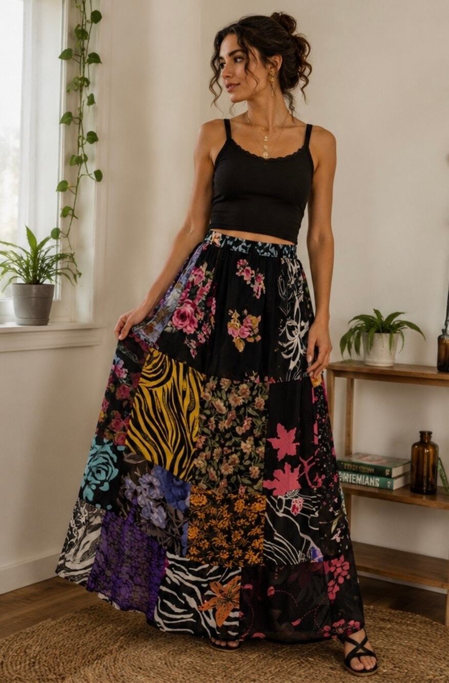 Sacred Threads Boho Patchwork Tiered Maxi Skirt XL Eclectic Artsy Maximalist 00s
